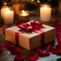 Romantic gift set amidst candles and rose petals creates a cozy intimate ambiance for special occasions