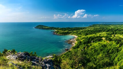 Coastal Landscape Featuring Lush Green Vegetation and Turquoise Ocean