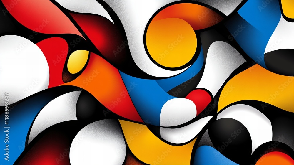 Poster abstract art in vibrant colors. dynamic shapes and bold lines create a lively composition.