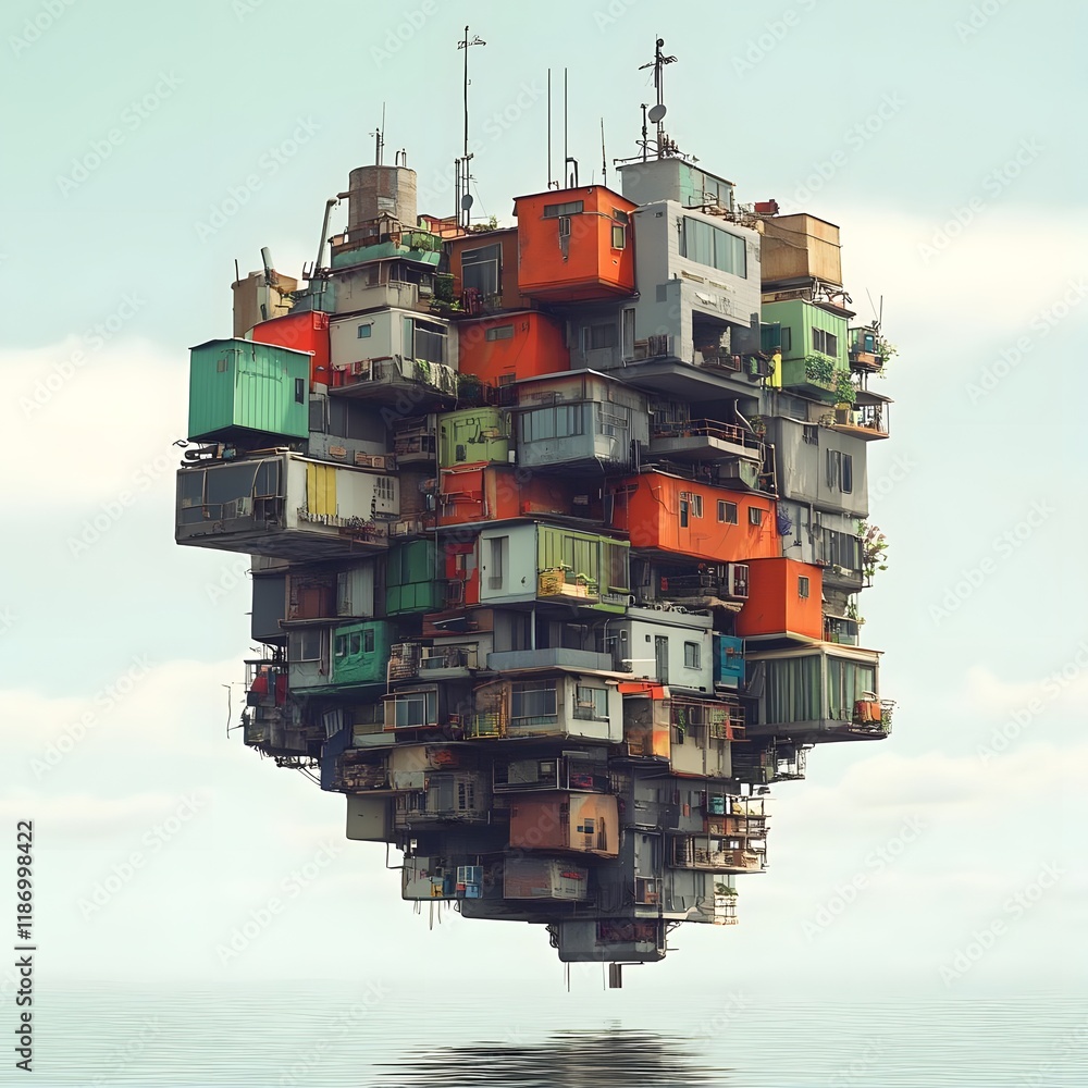 Poster a surreal floating cluster of colorful, stacked shipping containers resembling a heart shape.