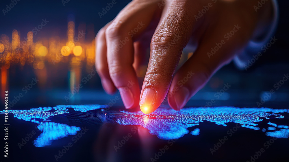 Poster hand touching glowing map, symbolizing global connectivity and healthcare innovation. vibrant colors