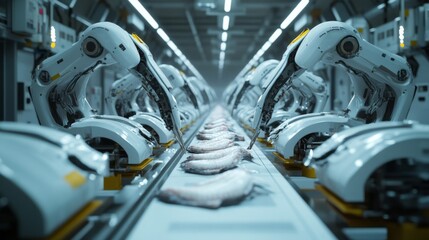 Fototapeta premium Robotic Assembly Line Processing Fish Products