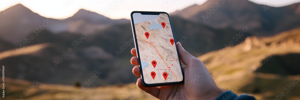 Poster Close up of a hand holding a smartphone displaying a map with marked locations in a mountain landscape, demonstrating the use of technology for navigation and exploration