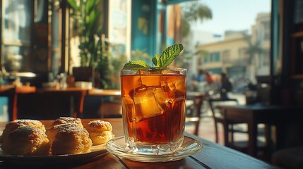 Iced tea with pastries in a sunny cafe.