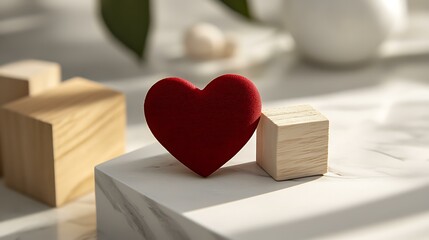 Simple, romantic design with wooden blocks and a red heart on a light background, featuring space for adding a Valentineâ€™s Day message or personalized text
