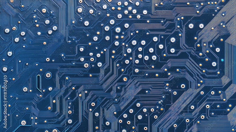 Poster intricate blue circuit board with led elements and complex lines