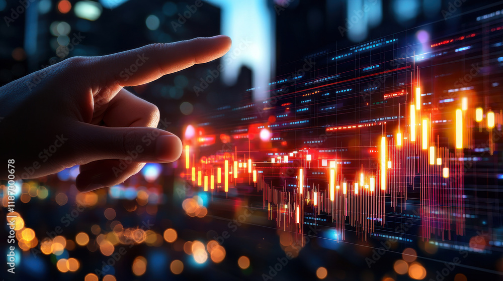 Poster Hand pointing at digital financial graph with glowing data visualization, representing economic trends and market analysis in modern city setting