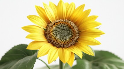 Fototapeta premium Bright Yellow Sunflower with Green Leaves on Light Background