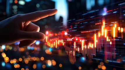 Hand pointing at digital financial graph with glowing data visualization, representing economic trends and market analysis in modern city setting