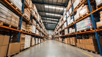 Fototapeta premium Warehouse Interior with Rows of Palletized Cardboard Boxes