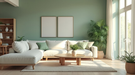 Obraz premium serene living room with beige sectional green accents