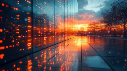 Obraz premium Sunset Cityscape Reflection in Modern Architecture