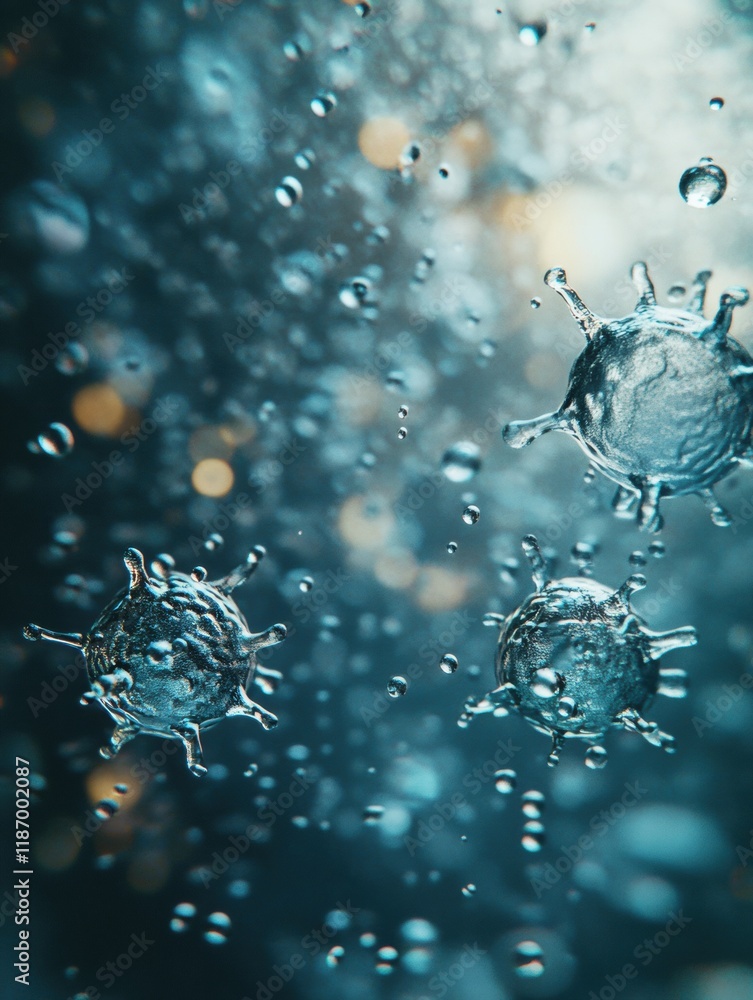 Poster viruses suspended in droplets of water exhibit unique structures and movements in a dynamic environm