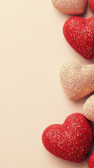 Obraz premium Glittery red and gold hearts on soft beige background