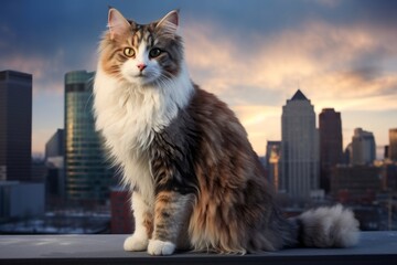 Fototapeta premium Portrait of a happy american curl cat isolated in modern cityscape background