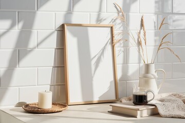 Minimalist interior, white brick wall, wooden frame mockup, coffee cup, dried palm leaf, white ceramic vase, neutral tones, Scandinavian design, cozy home office, natural textures, soft lighting, clea