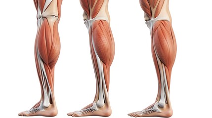 Human leg anatomy displayed with detailed muscles and bones on a white background