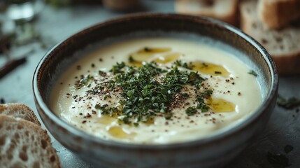 Creamy, pale yellow soup garnished with herbs and olive oil in a bowl with bread.