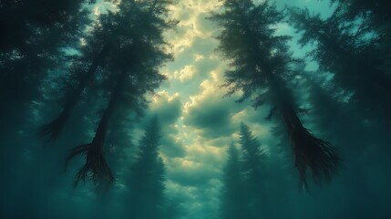 Obraz premium Mystical forest with fog and sunbeams.