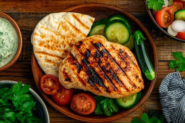 Grilled chicken served with fresh vegetables and flatbread in a rustic setting
