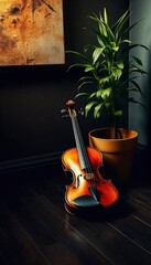 Violin leaning against a blank dark smoke with little lighting textured wall background with copy space for music concept