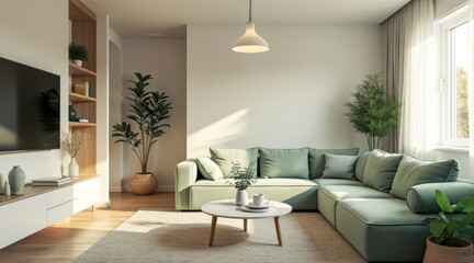 Fototapeta premium sage green sectional sofa a sunlit living room