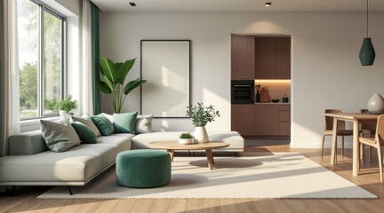 modern living room with beige sectional sofa green accents