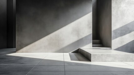 Minimalistic gray interior with contrasting light showcasing geometric shapes ideal for product display and editing purposes.