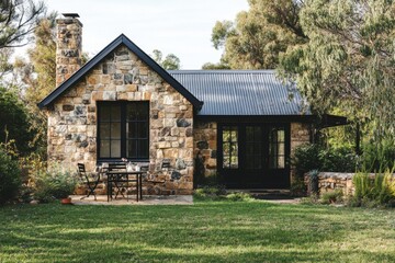 Fototapeta premium Charming stone cottage in a serene garden setting with patio furniture, perfect for outdoor dining, surrounded by lush greenery and trees in daylight