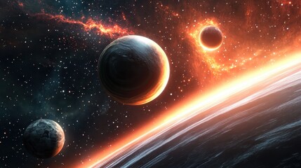 space scene, planets, moons, nebula, stars, cosmic dust, red giant star, celestial bodies, glowing atmosphere, astronomical art, cosmic landscape, outer space, science fiction, digital art, high detai