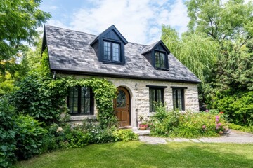 Charming stone cottage surrounded by lush greenery in a serene setting, featuring a welcoming entrance and vibrant flowers during a sunny day