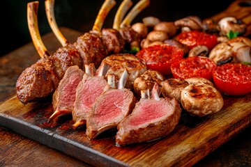 Savory grilled meats and vegetables served on a rustic wooden board at a summer barbecue gathering