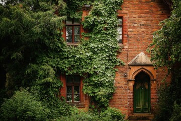 Vibrant green vines envelop an old brick house in a quiet, serene location surrounded by lush greenery during the midday sunlight, showcasing nature's reclaiming of architecture