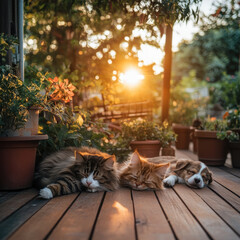 serene scene of three fluffy cats resting peacefully on wooden deck, surrounded by vibrant plants and beautiful sunset
