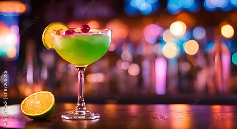 Poster refreshing cocktail on a bar counter with a colorful bokeh light background 4k