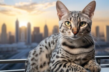 Naklejka premium Portrait of a funny egyptian mau cat over modern cityscape background