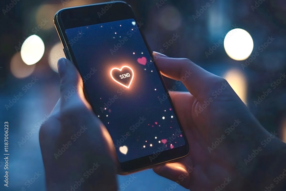 Poster hands holding a smartphone displaying a heart-shaped send button, suggesting online dating or sendin