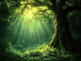 Obraz premium Sunbeams pierce a lush, green forest, illuminating a giant moss-covered tree. Perfect for fantasy, nature, or mystical themes.