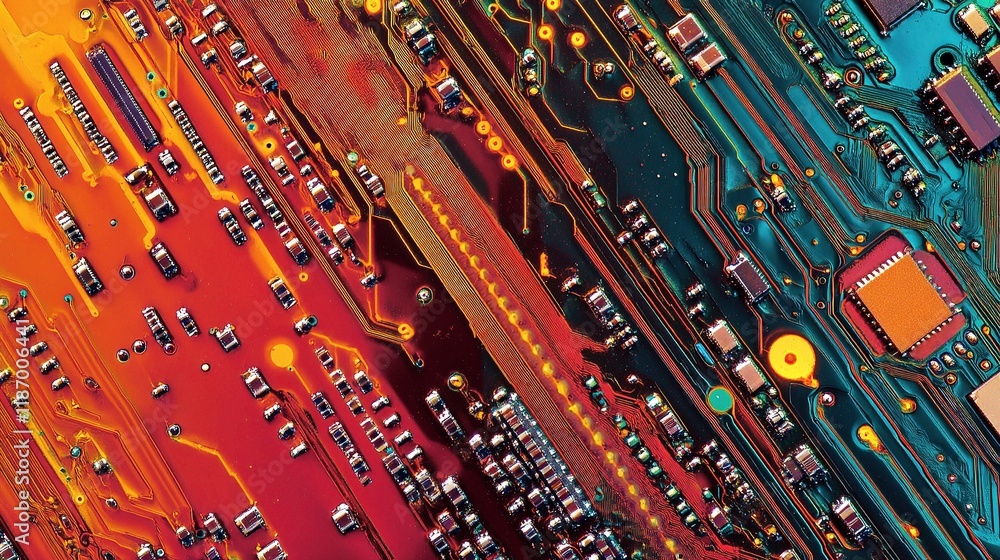 Poster detailed integrated microchip circuitry with vibrant colors and lines