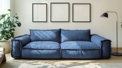 Stylish Blue Sofa in Modern Living Room with Plant and Lamp