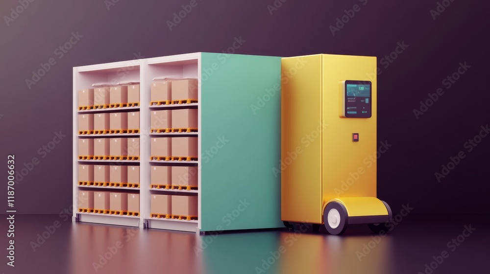Aufkleber a compact yellow delivery robot next to a storage unit filled with boxes, showcasing modern logistic