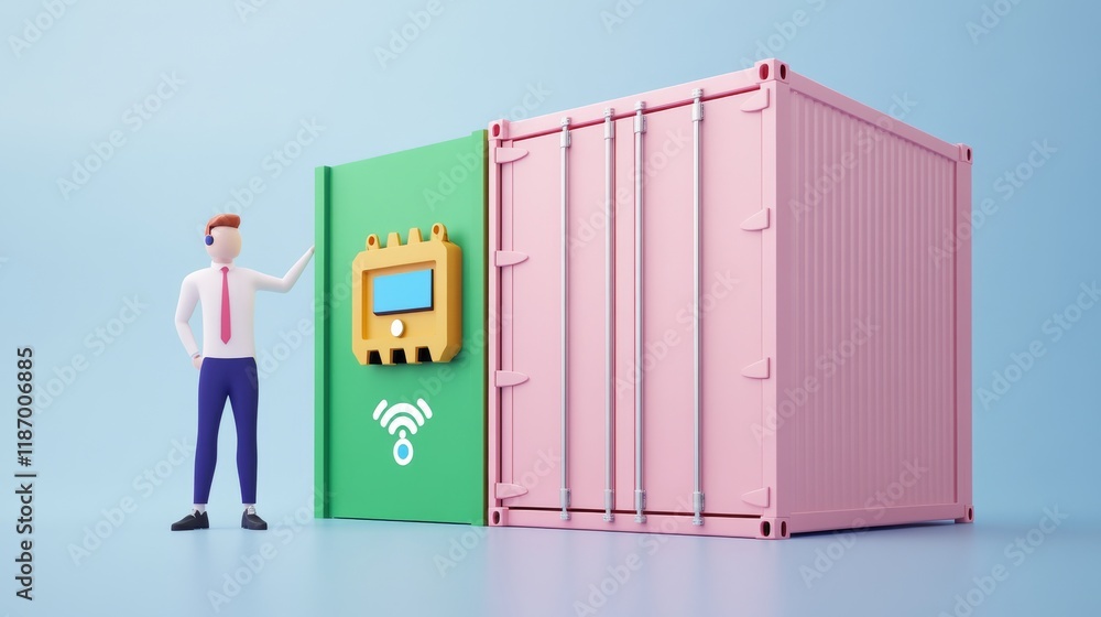 Poster a modern illustration featuring a man next to a colorful shipping container equipped with a digital 