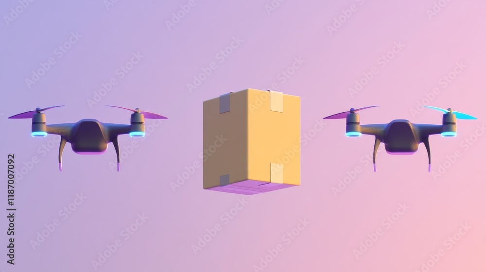 Aufkleber two drones hover around a cardboard box, suggesting a futuristic delivery system against a soft grad