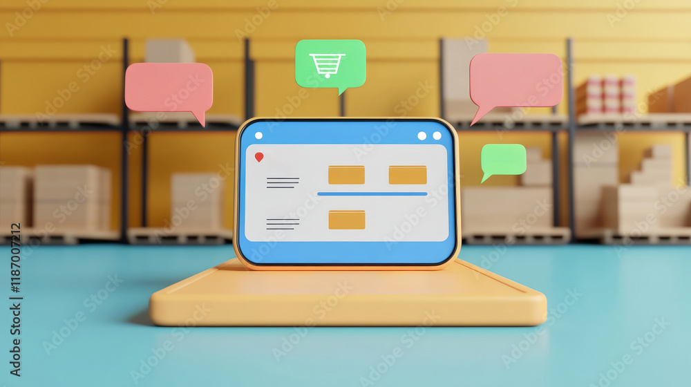 Poster a digital shopping interface on a platform surrounded by storage boxes and chat bubbles, representin