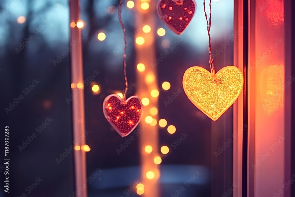 Poster heart shaped lights hanging in a window with bokeh from other lights in the background creating a ro