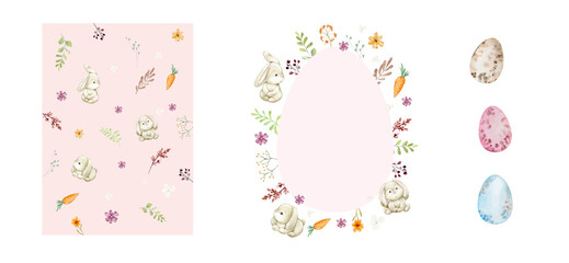 Set of Happy Easter watercolor cards with cute Easter rabbits, egg, spring flowers in pastel colors