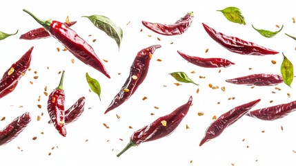 Vibrant Red Chilies and Green Leaves on White Background