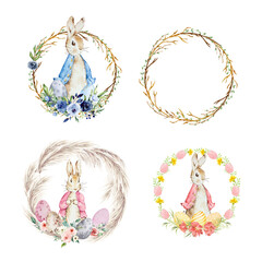 Set of Happy Easter watercolor cards with cute Easter rabbits, egg, spring flowers in pastel colors