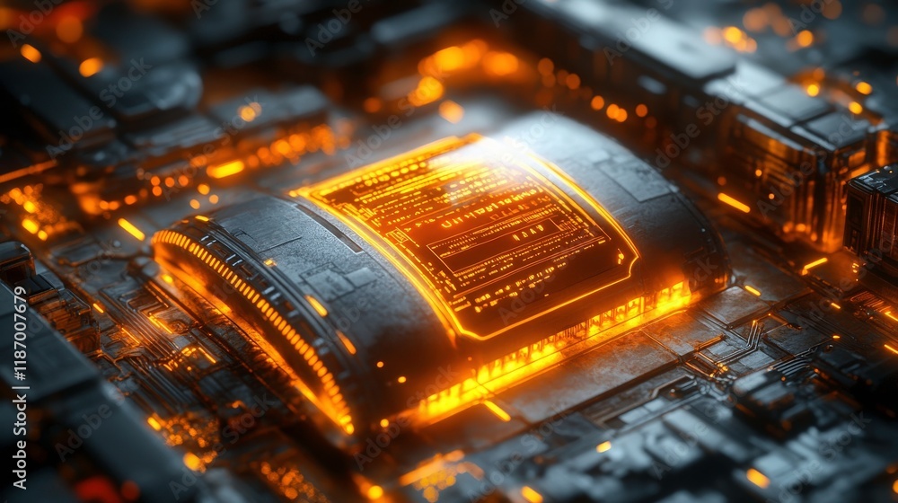 Poster futuristic technology background featuring glowing orange circuit board elements and high-tech proce