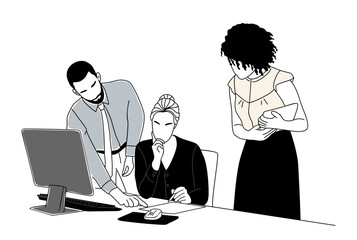 Business people sitting at desk with computer monitor in office. Productive teamwork business concept. vector hand drawn illustration isolated on transparent background